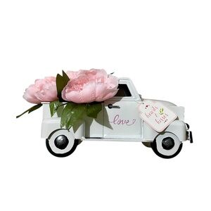 Valentine’s Day Metal White Truck with Flowers Décor